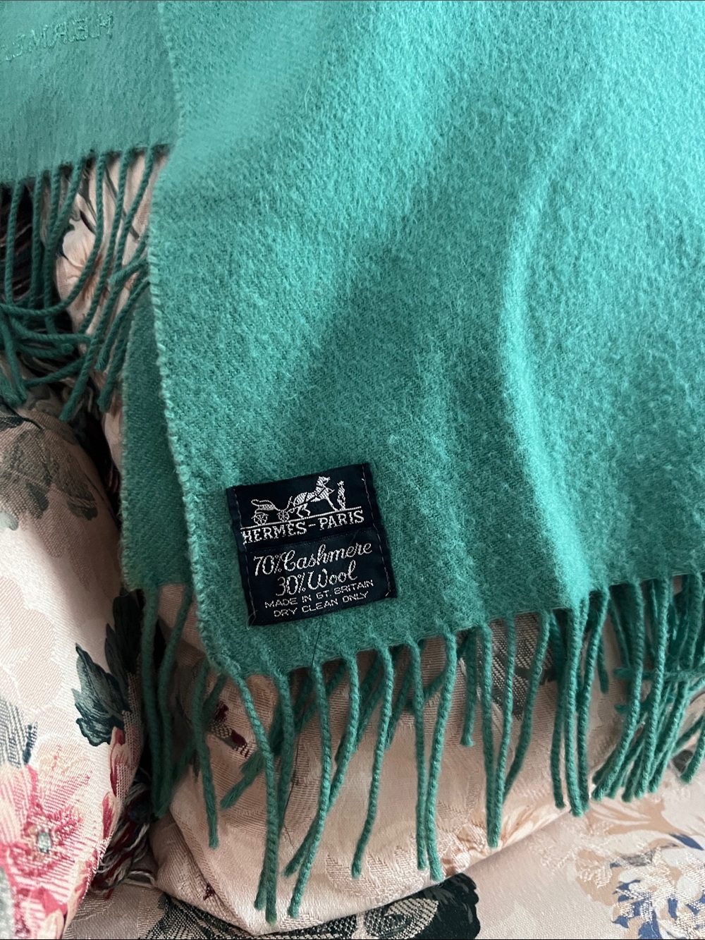 Hermes - Teal/greenish Cashmere-Wool Fringe Scarf/blanket